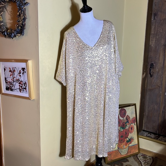 ASHLEY STEWART sz 26/28 Gold Sequin Dress VNeck Short-Sleeve Lined Party $70 NEW - Picture 2 of 16